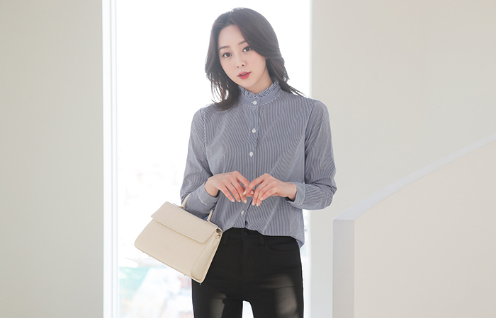 条纹 荷叶边领 棉 衬衫 罩衫