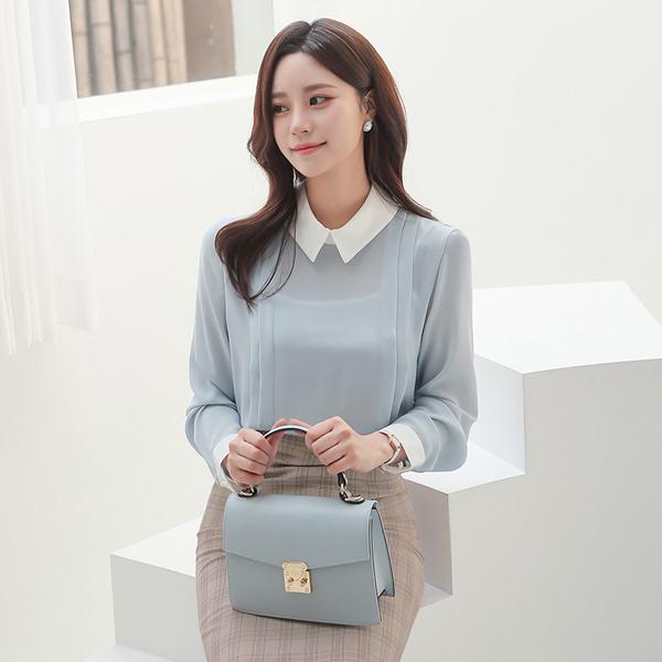 平领 配色 侧纽 细褶 罩衫