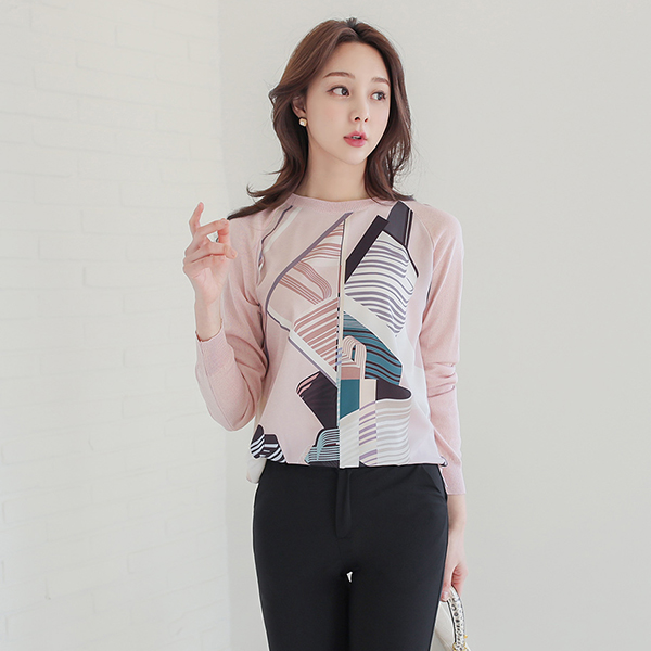 棱镜 雪纺 配色 圆领 长款针织衫