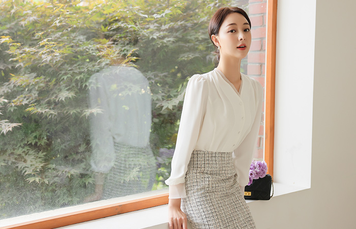 淑女 透明硬纱 衬里 V领 罩衫