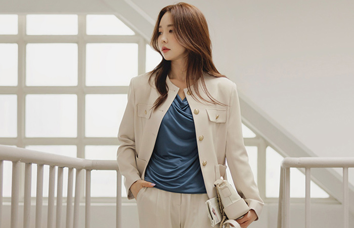 基本 黄金 扣子 线条 无领 夹克