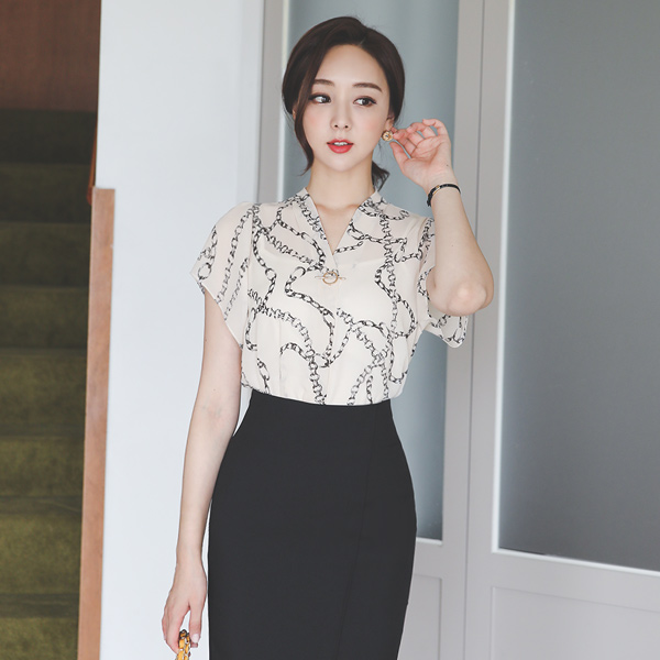 黄金环 链印染 细褶 V字领 罩衫