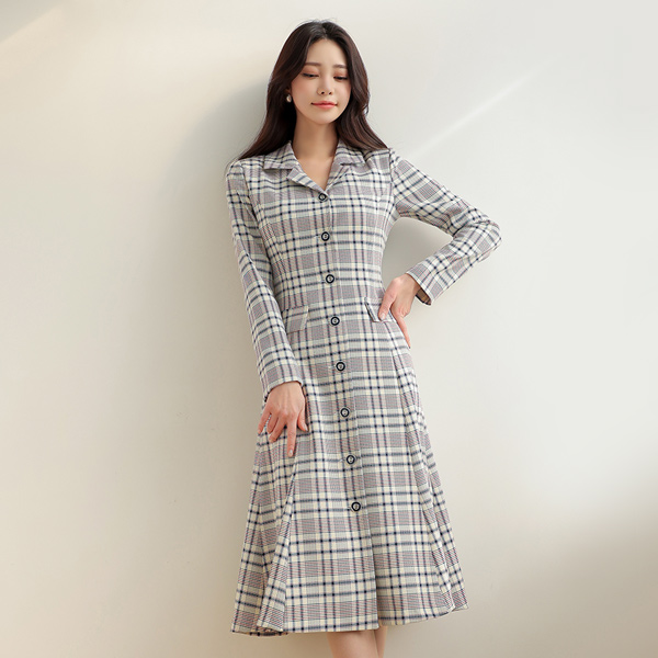 ODE 格子 喇叭 领子 连衣裙
