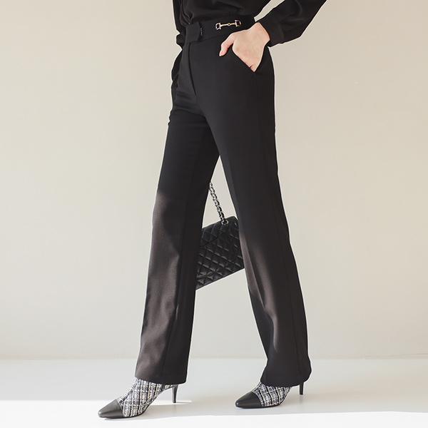 双 黄金 扣带 装饰 弹力 宽松长裤