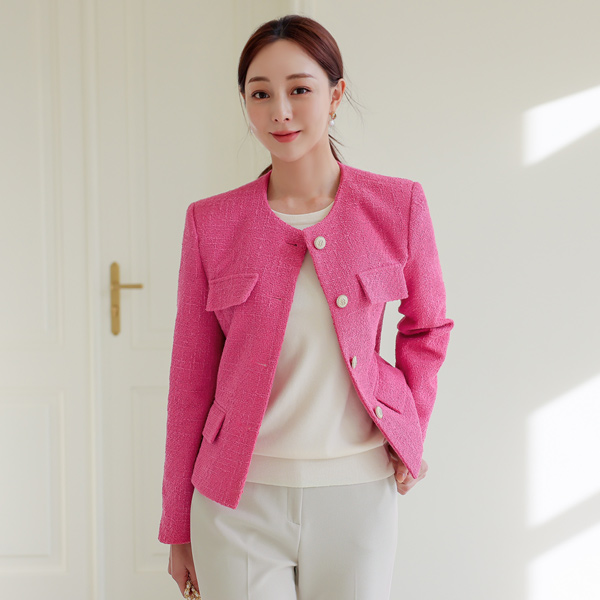 点缀 颜色 圆领 粗呢 夹克