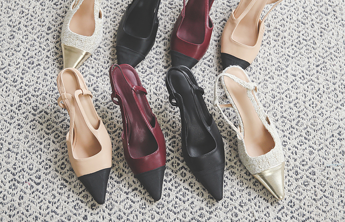 [模特穿42次]配色 质地 中跟 尖头高跟鞋