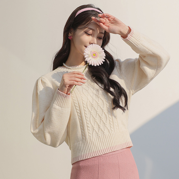 配色 肩膀 褶皱 麻花 羊毛 针织衫