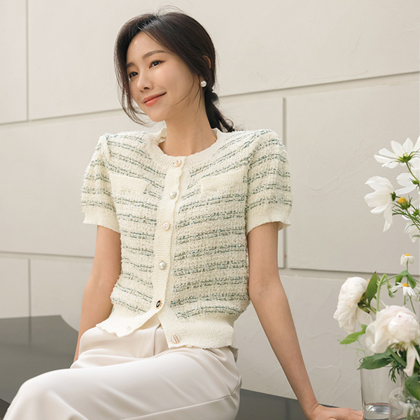 Coco 宝石 扣子 混合 粗呢 针织衫 开衫