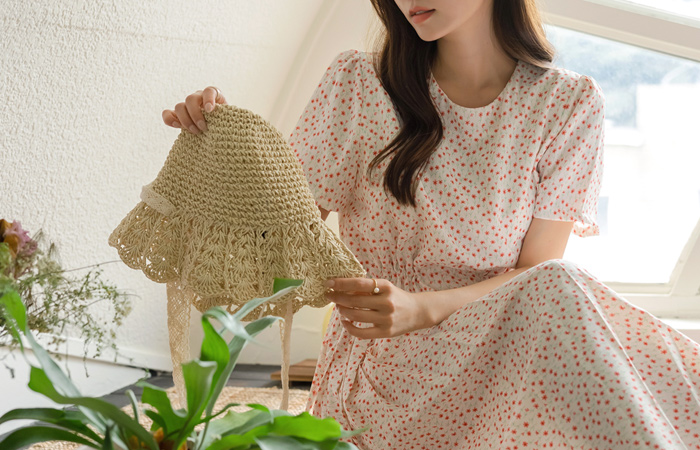 抽绳 褶边 碎花 图案 长款 连衣裙