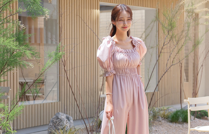 可爱 方领 泡泡袖 松紧带 连体裤