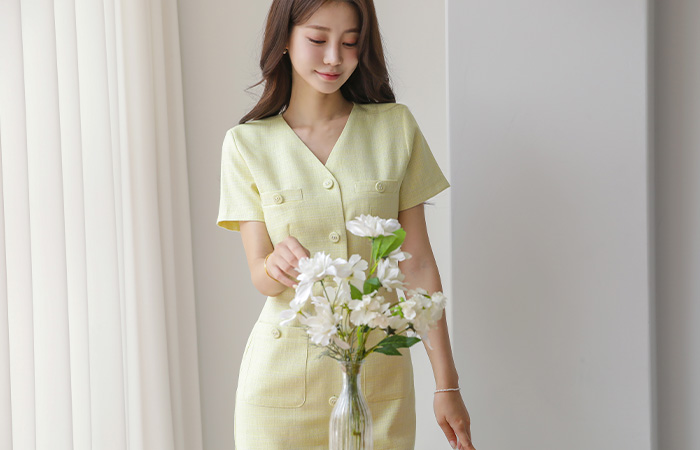 夏天 V字领 棉 粗呢 短袖 连衣裙