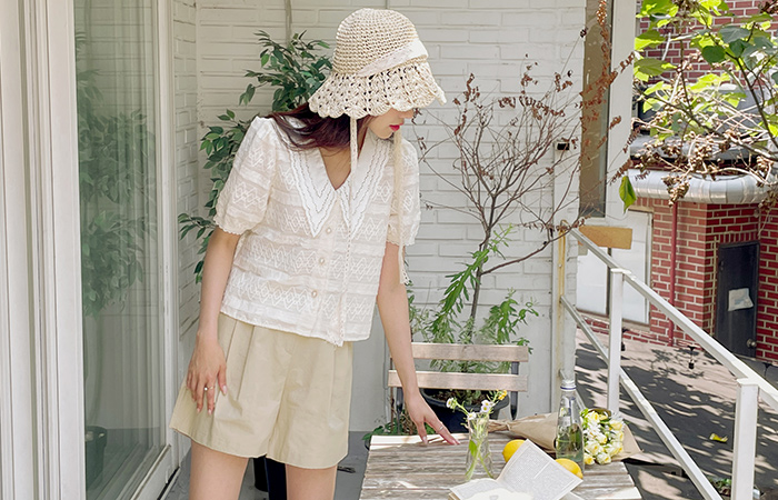 裤裙 细褶 Macaron 颜色 后侧松紧带 短上衣 裤子