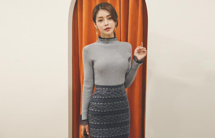 蕾丝 分层 条绒 针织t恤