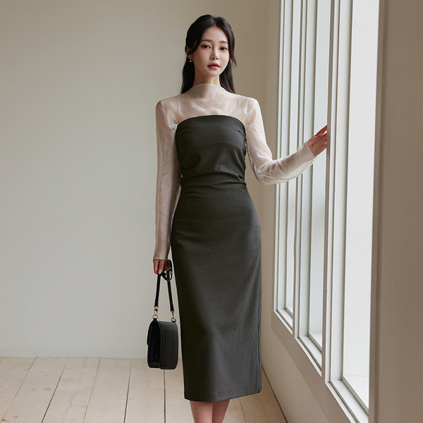 May 侧纽 褶皱 长款 连衣裙