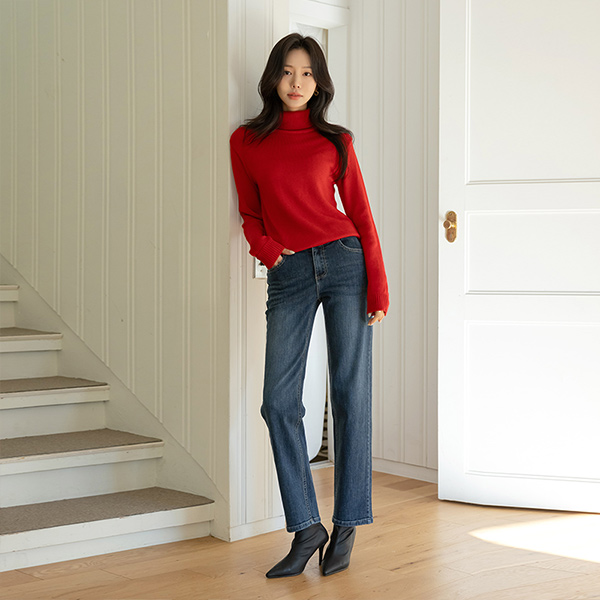 弹性好的 一字型 衬里加绒 牛仔色 裤子