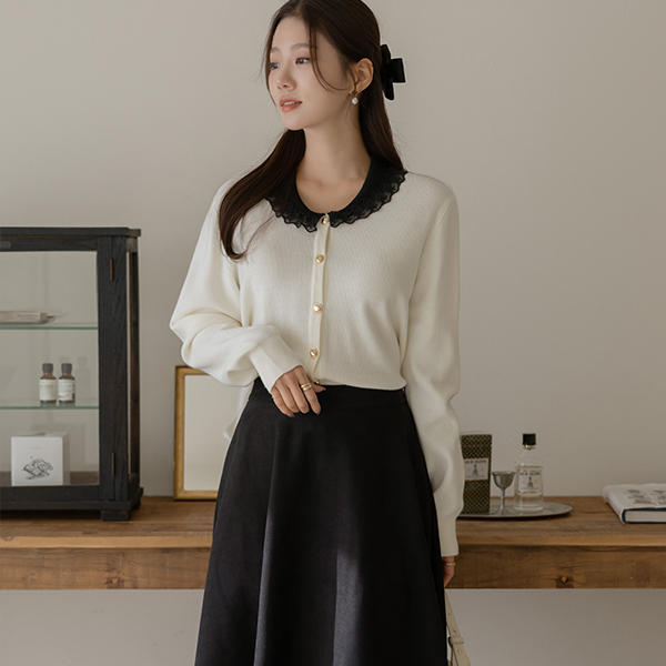 蕾丝 领子 黄金 扣子 针织衫 开衫