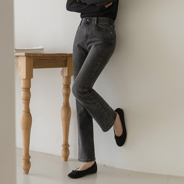 细密 날씬 一字型 松紧带 拉绒 牛仔色 裤子