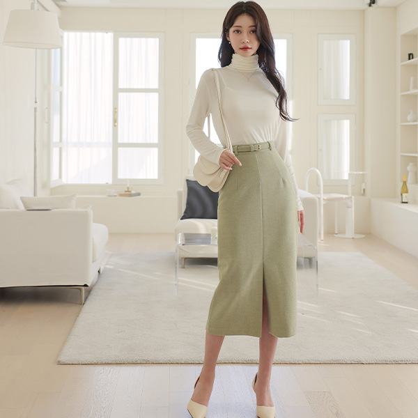 前面 开衩 束带 羊毛 裙子