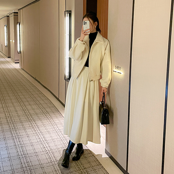 桃皮拉绒 A字型 褶边 后侧松紧带 长款 裙子