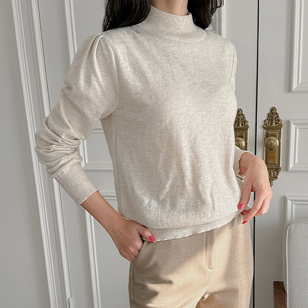 半高领 宝石 点缀 泡泡袖 针织衫