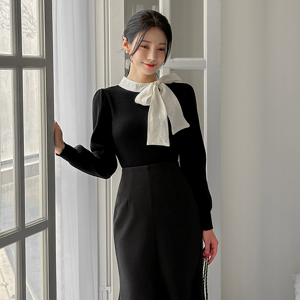 浪漫 配色 蝴蝶结 领带 泡泡袖 针织衫