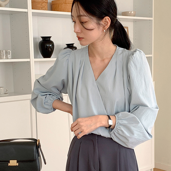 V字领 裹身 细褶 底端 松紧带 罩衫