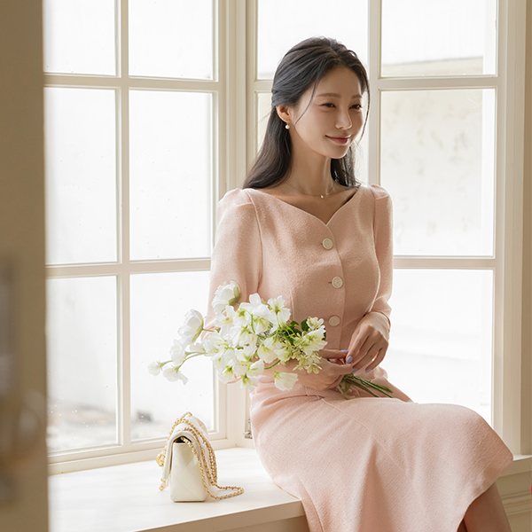 宽松 V字领 粗呢 美人鱼 连衣裙