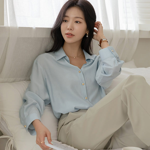 敞开式 领子 黄金 扣子 丝滑 罩衫