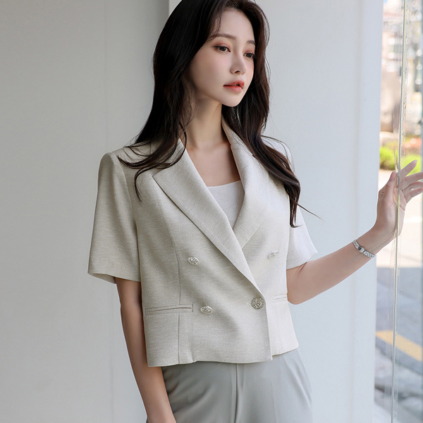亚麻 触摸 粗呢 双排扣 夹克
