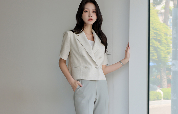 亚麻 触摸 粗呢 双排扣 夹克