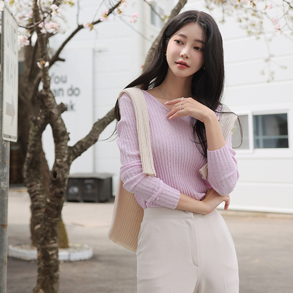 White 结子花式 V领 条绒 针织t恤