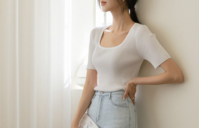 凉爽 触摸 配色线 方领 针织衫