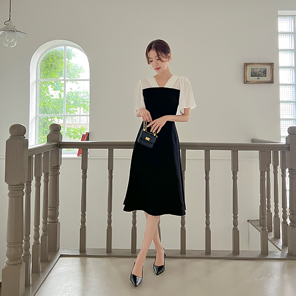 细褶 V字领 雪纺 配色 飞袖 连衣裙