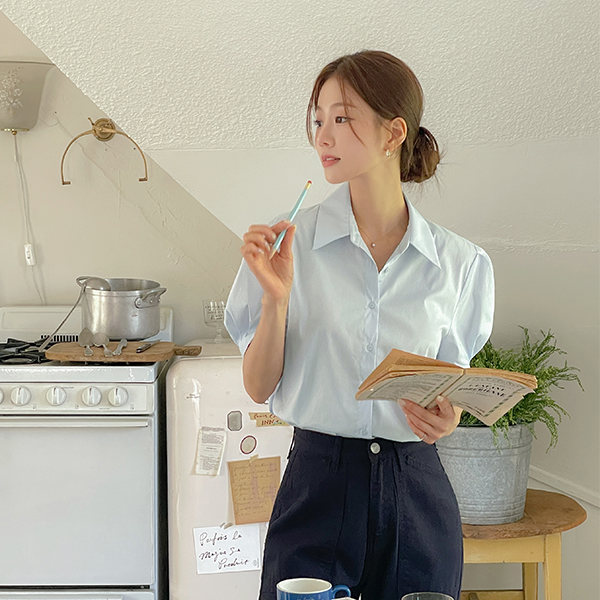 细密 Cheese 弹力 泡泡袖 衬衫 罩衫