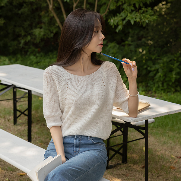 亚麻 혼방 结子花式 여리넥 短袖 针织衫