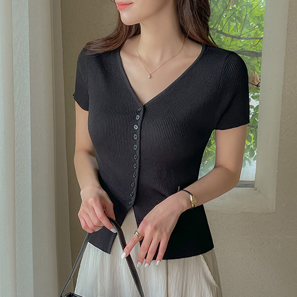 폴링 Y领 纽扣 开衫