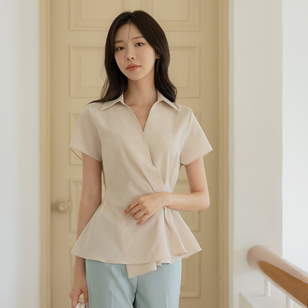 敝领 细褶 喇叭 裹身雪纺衫