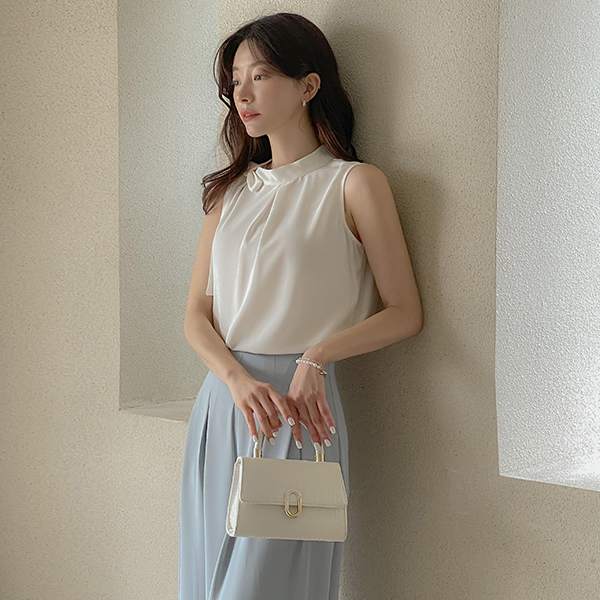 侧纽 蝴蝶结领口 背心 罩衫