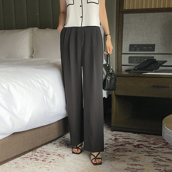 后腰松紧带 一字型 宽松长裤