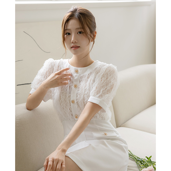 르미엘 蕾丝 黄金 扣子 粗呢 连衣裙