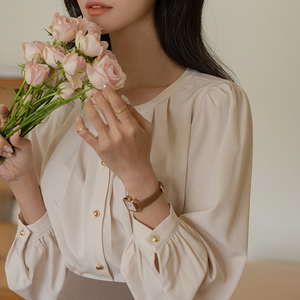 粉 圆领 细褶 罩衫