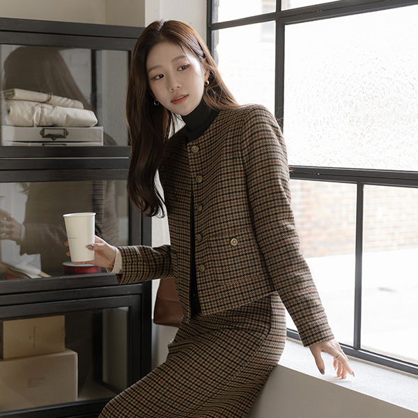犬牙 格子 圆领 羊毛 棉衣 Set-up 夹克