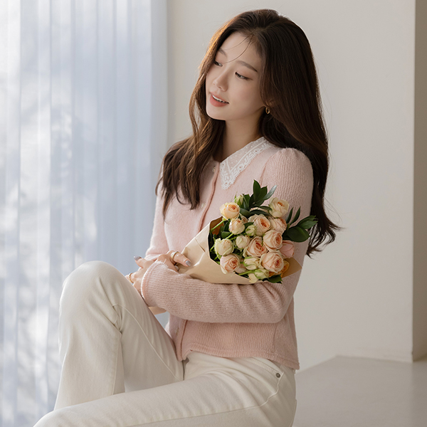 玫瑰 蕾丝 领子 羊毛 泡泡袖 针织衫 开衫