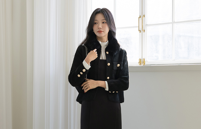 毛皮草 翻领 ODE 金色纽扣 开衫