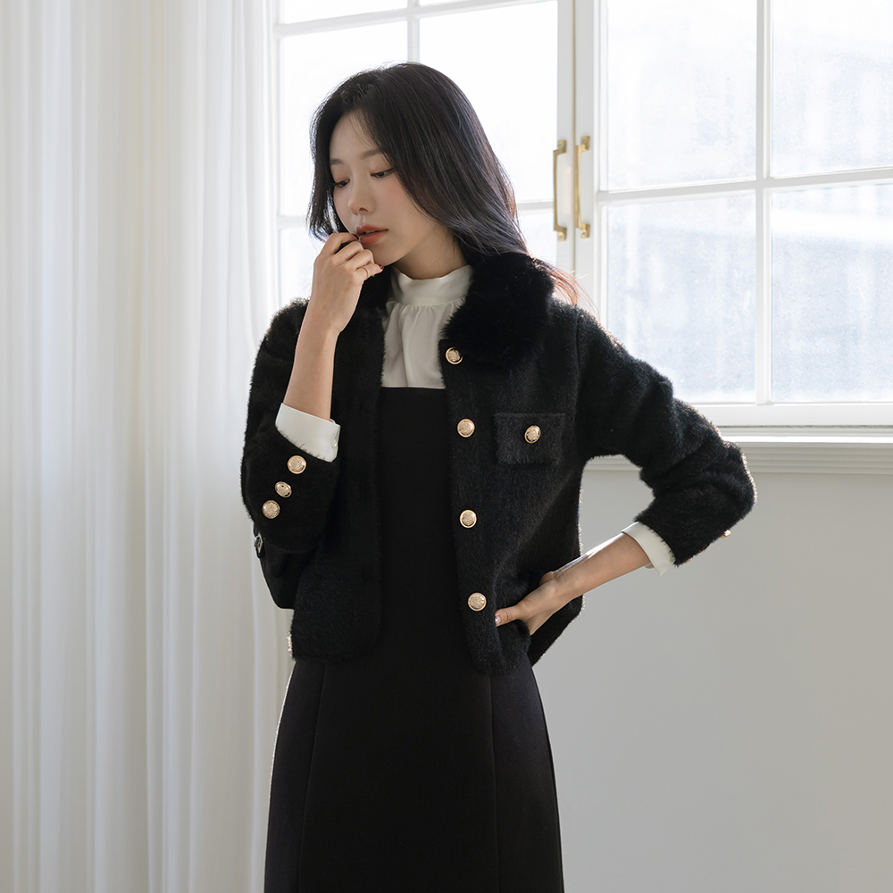 毛皮草 翻领 ODE 金色纽扣 开衫