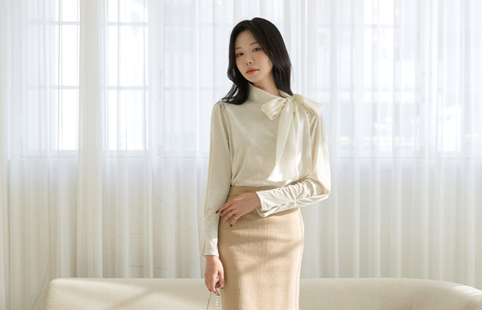 围巾领 丝绒 珍珠 罩衫