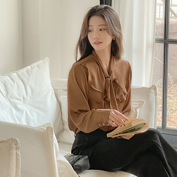 优雅 荷叶 绸缎 领带 罩衫