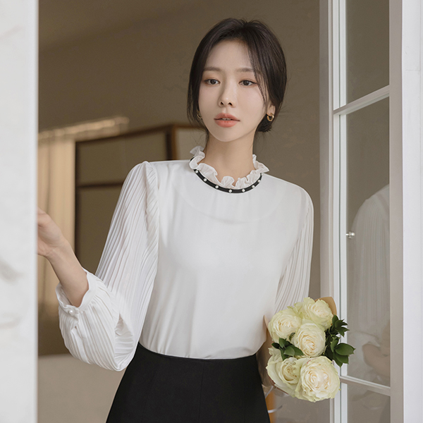 袖 褶皱 珍珠 荷叶边领 罩衫
