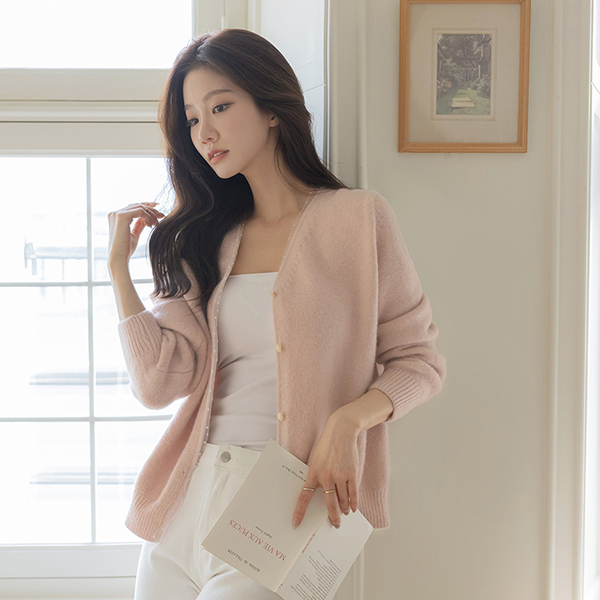 圆点 蕾丝 配色 V字领 羊毛 开衫