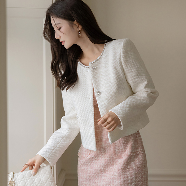 珍珠 镶钻 圆领 粗呢 夹克